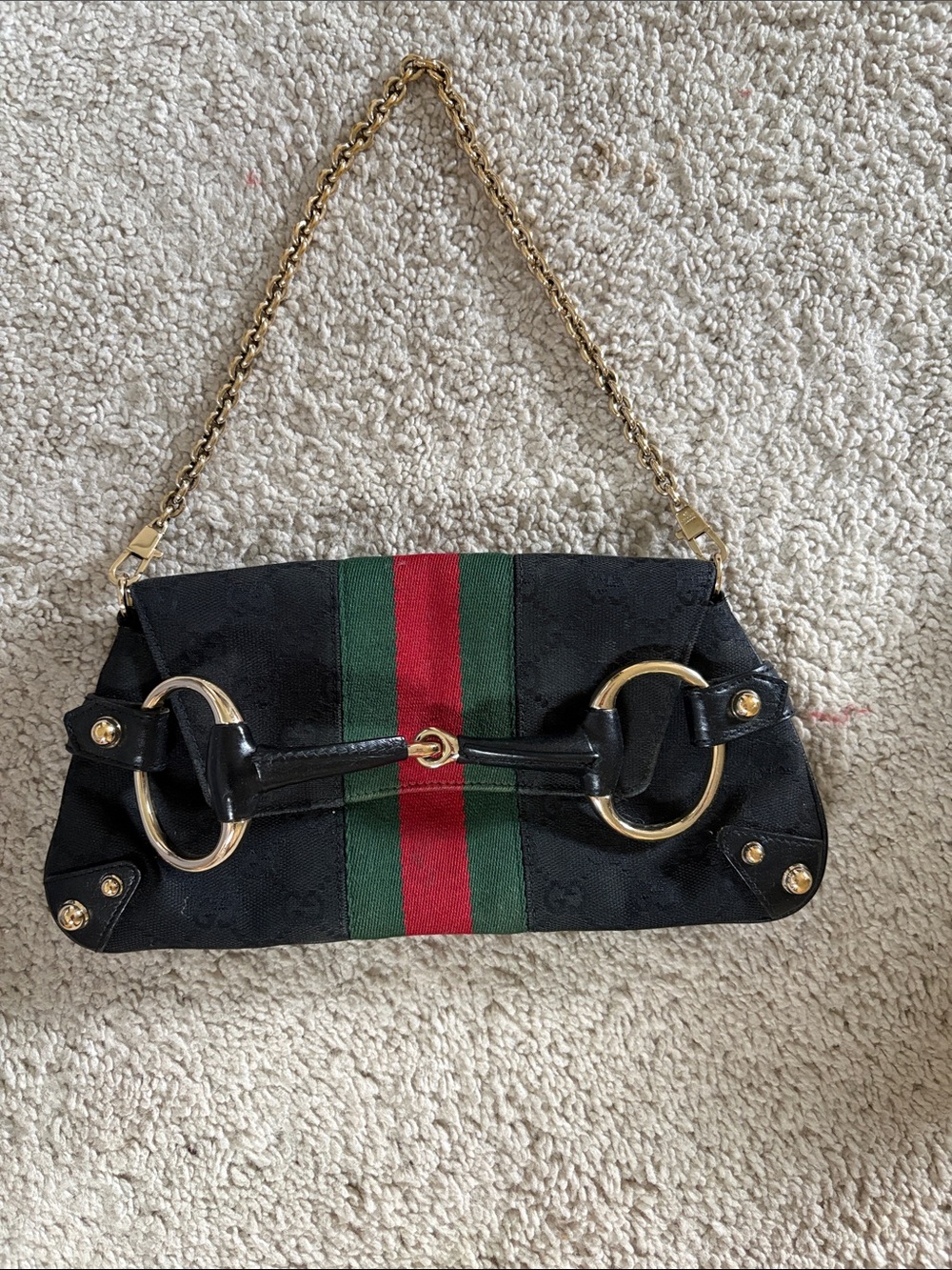 Gucci Black Shoulder Bag with Red and Green Center Stripe